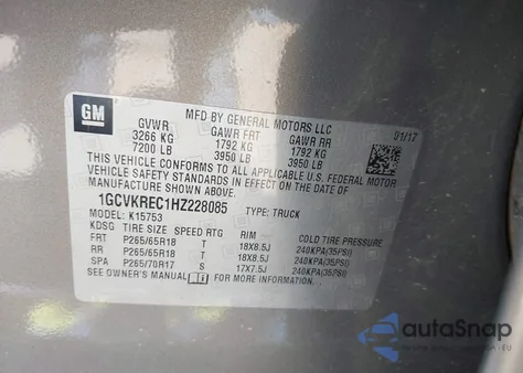 2017 Chevrolet Silverado 1500 2Lt из США, поврежденный, VIN 1GCVKREC1HZ228085